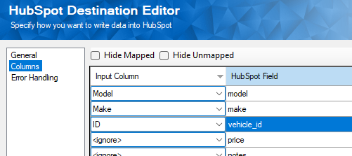KingswaySoft HubSpot Destination Columns page configuration